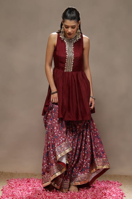 Shop_Kyra By Bhavna_Maroon Silk, Polyester, Viscose, Organza Cut Work, Afiya Anarkali Set _Online_at_Aza_Fashions