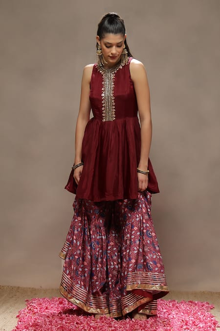 Kyra By Bhavna_Maroon Silk, Polyester, Viscose, Organza Cut Work, Afiya Anarkali Set _at_Aza_Fashions