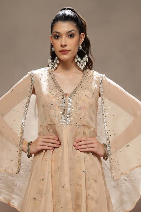 Kyra By Bhavna_Beige Tissue Cut Work, Sequins V-neck Amber Bling Jacket Set  _Online_at_Aza_Fashions