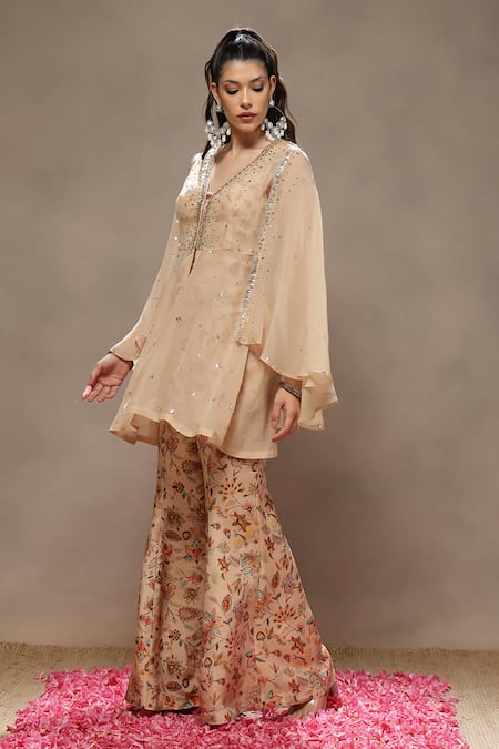 Shop_Kyra By Bhavna_Beige Tissue Cut Work, Sequins V-neck Amber Bling Jacket Set  _Online_at_Aza_Fashions