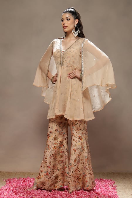 Kyra By Bhavna_Beige Tissue Cut Work, Sequins V-neck Amber Bling Jacket Set  _at_Aza_Fashions