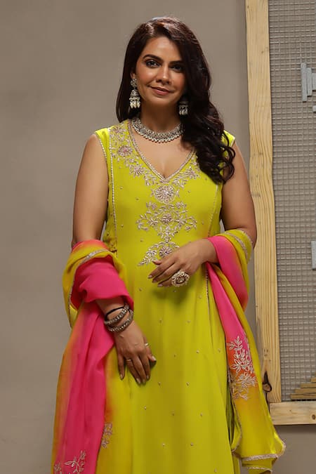 Buy_Kyra By Bhavna_Lime Viscose, Crepe, Organza Gota Patti, Sequins, Embroidery Baahar Kurta Set _Online_at_Aza_Fashions