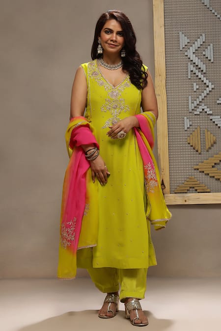 Kyra By Bhavna Lime Viscose, Crepe, Organza Gota Patti, Sequins, Embroidery Baahar Kurta Set 