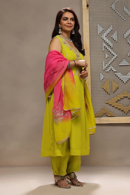 Shop_Kyra By Bhavna_Lime Viscose, Crepe, Organza Gota Patti, Sequins, Embroidery Baahar Kurta Set _Online_at_Aza_Fashions