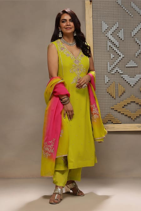 Kyra By Bhavna_Lime Viscose, Crepe, Organza Gota Patti, Sequins, Embroidery Baahar Kurta Set _at_Aza_Fashions