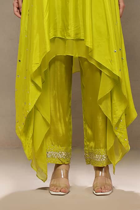 Kyra By Bhavna_Lime Silk, Crepe Sequins Halter Neck Luxe Kurta Set _Online_at_Aza_Fashions