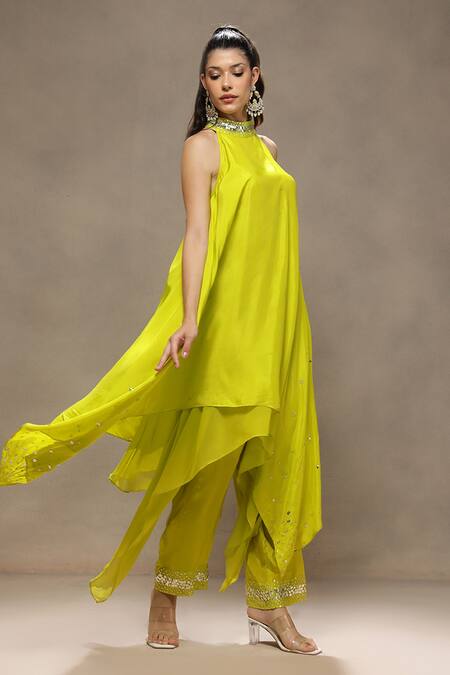 Buy_Kyra By Bhavna_Lime Silk, Crepe Sequins Halter Neck Luxe Kurta Set _Online_at_Aza_Fashions
