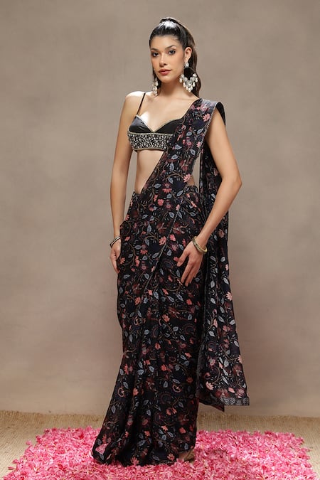 Kyra By Bhavna Black Viscose, Organza, Silk Cut Work, Sequins, Ash Petal Saree With Bralette 