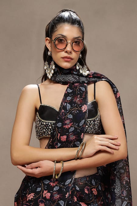 Kyra By Bhavna_Black Viscose, Organza, Silk Cut Work, Sequins, Ash Petal Saree With Bralette _Online_at_Aza_Fashions