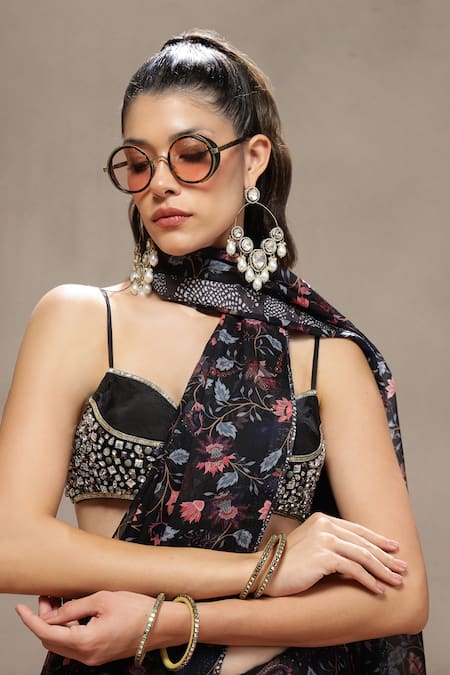 Buy_Kyra By Bhavna_Black Viscose, Organza, Silk Cut Work, Sequins, Ash Petal Saree With Bralette _Online_at_Aza_Fashions