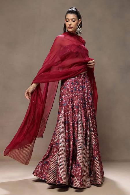 Kyra By Bhavna_Maroon Polyester, Viscose Gota Patti Gulnaz Lehenga Set  _at_Aza_Fashions