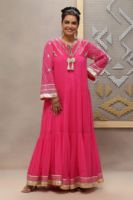 Kyra By Bhavna_Magenta Viscose, Shantoon, Georgette, Chanderi, Organza Gota Amara Anarkali Set  _Online_at_Aza_Fashions