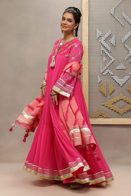 Shop_Kyra By Bhavna_Magenta Viscose, Shantoon, Georgette, Chanderi, Organza Gota Amara Anarkali Set  _Online_at_Aza_Fashions
