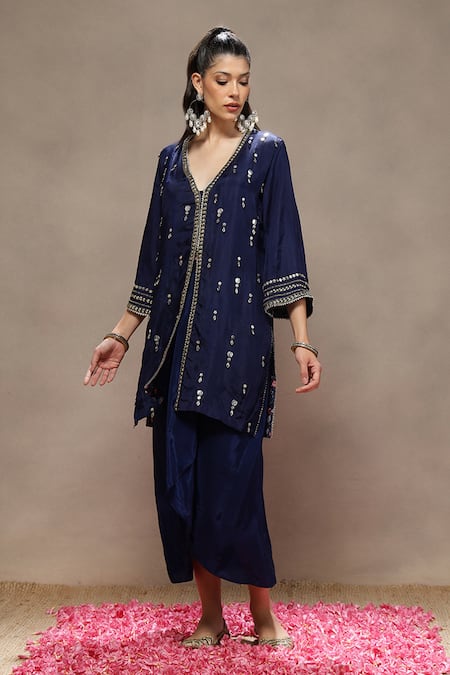 Buy_Kyra By Bhavna_Blue Chanderi, Crepe Sequins V-neck Mehtab Kurta And Skirt Set  _Online_at_Aza_Fashions