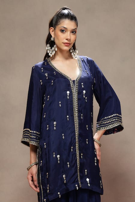 Kyra By Bhavna_Blue Chanderi, Crepe Sequins V-neck Mehtab Kurta And Skirt Set  _at_Aza_Fashions