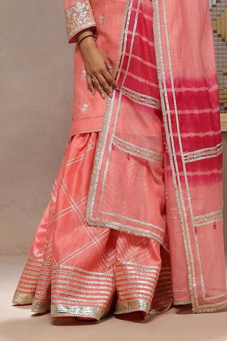 Kyra By Bhavna_Coral Chanderi, Viscose, Organza Gota Patti Round Neck Gulnar Kurta Set  _Online_at_Aza_Fashions