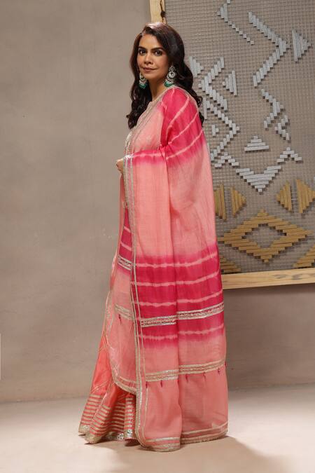 Buy_Kyra By Bhavna_Coral Chanderi, Viscose, Organza Gota Patti Round Neck Gulnar Kurta Set  _Online_at_Aza_Fashions