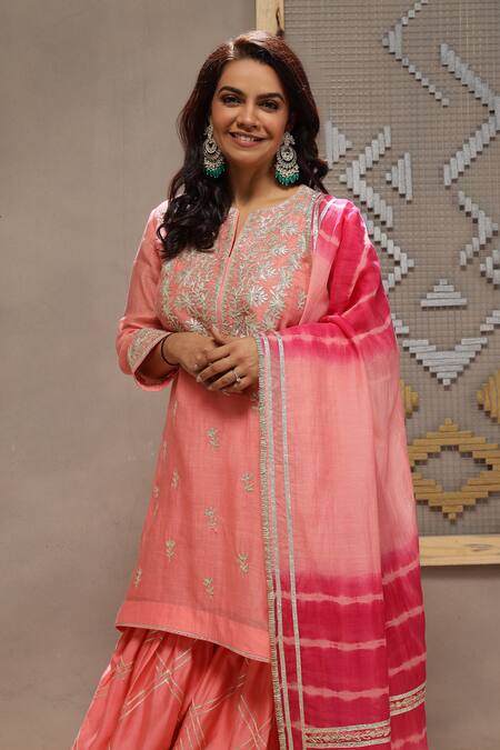 Shop_Kyra By Bhavna_Coral Chanderi, Viscose, Organza Gota Patti Round Neck Gulnar Kurta Set  _Online_at_Aza_Fashions