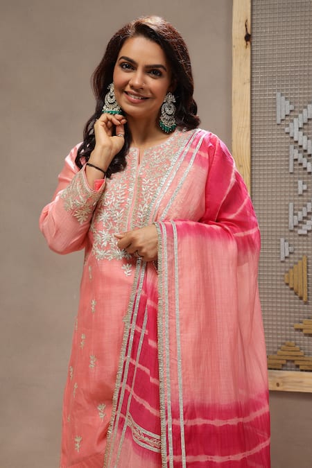 Kyra By Bhavna_Coral Chanderi, Viscose, Organza Gota Patti Round Neck Gulnar Kurta Set  _at_Aza_Fashions