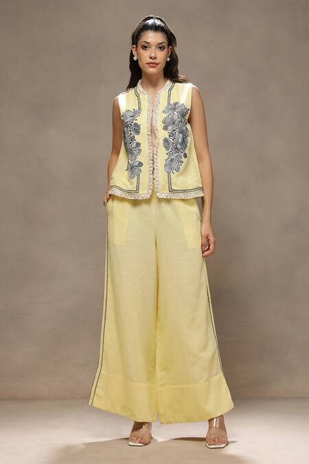 Kyra By Bhavna_Yellow Cotton, Linen, Voile Metallic Thread, Embroidery Round Luna Jacket Set _Online_at_Aza_Fashions