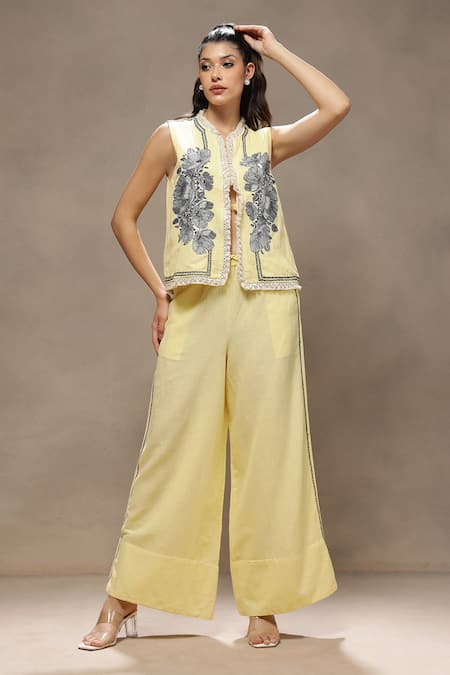 Buy_Kyra By Bhavna_Yellow Cotton, Linen, Voile Metallic Thread, Embroidery Round Luna Jacket Set _Online_at_Aza_Fashions