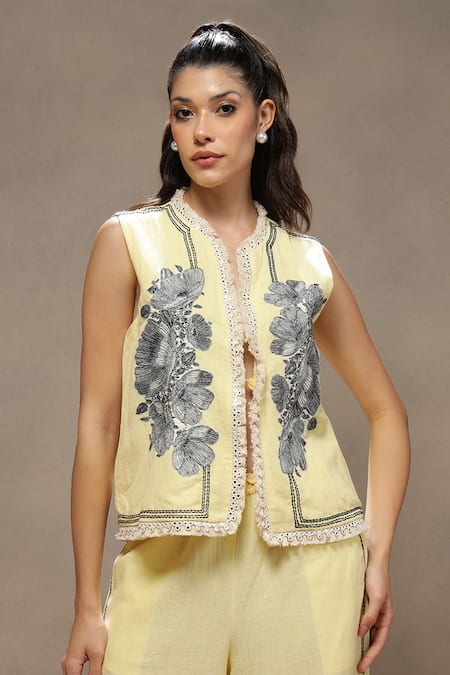 Shop_Kyra By Bhavna_Yellow Cotton, Linen, Voile Metallic Thread, Embroidery Round Luna Jacket Set _Online_at_Aza_Fashions