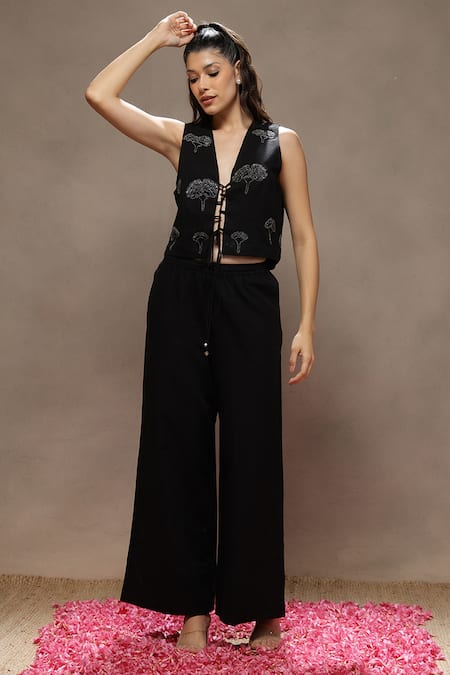 Shop_Kyra By Bhavna_Black Cotton, Linen Cut Work V-neck Tulip Jacket Set _Online_at_Aza_Fashions