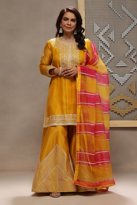 Kyra By Bhavna Orange Organza, Chanderi Gota Patti, Zari Round Neck Zig Zag Sharara Set 