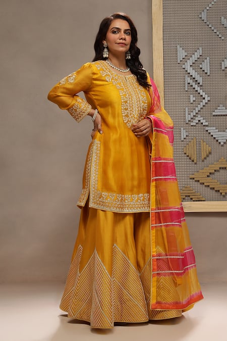 Buy_Kyra By Bhavna_Orange Organza, Chanderi Gota Patti, Zari Round Neck Zig Zag Sharara Set _Online_at_Aza_Fashions