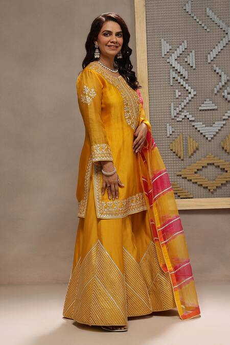 Shop_Kyra By Bhavna_Orange Organza, Chanderi Gota Patti, Zari Round Neck Zig Zag Sharara Set _Online_at_Aza_Fashions