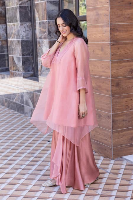 Janki India_Peach Silk Embroidery Square Neck Organza Kaftan Set _Online_at_Aza_Fashions