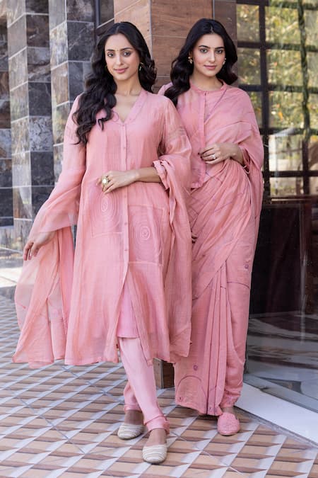 Shop_Janki India_Peach Silk Embroidery Square Neck Organza Kaftan Set _Online_at_Aza_Fashions