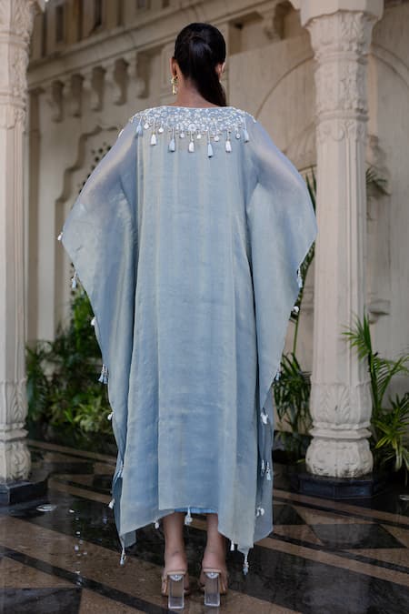 Shop_Farha Syed_Blue Chiffon Tassels, Embroidery V-neck Ice Kaftan _at_Aza_Fashions
