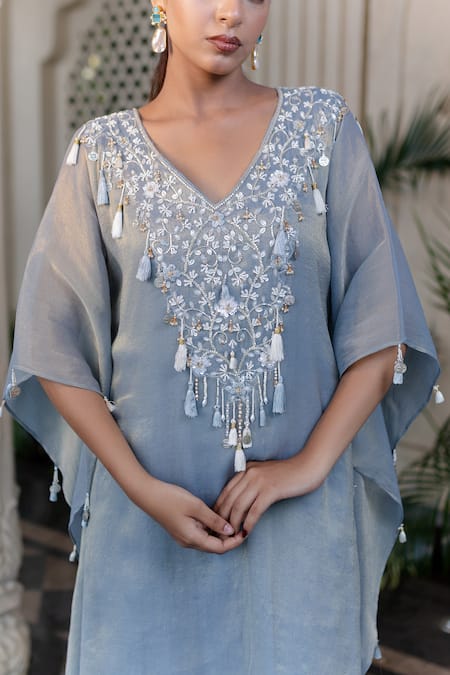 Buy_Farha Syed_Blue Chiffon Tassels, Embroidery V-neck Ice Kaftan _Online_at_Aza_Fashions