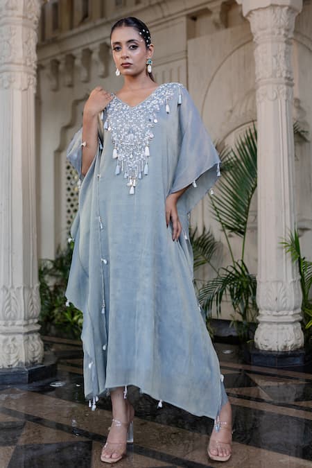 Shop_Farha Syed_Blue Chiffon Tassels, Embroidery V-neck Ice Kaftan _Online_at_Aza_Fashions