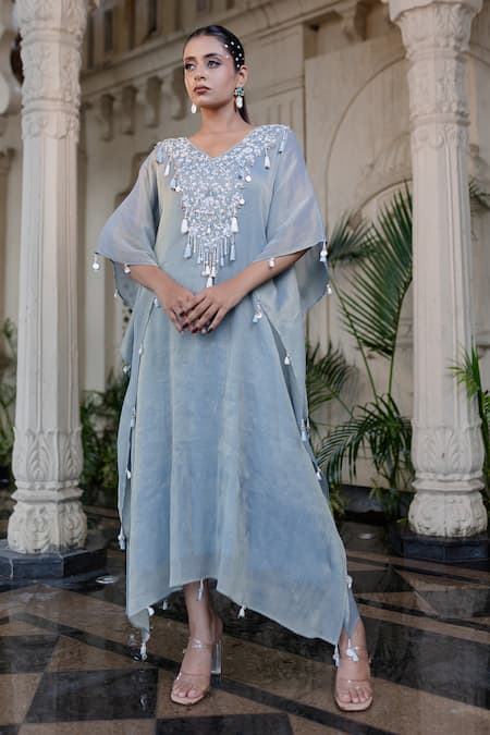 Farha Syed Blue Chiffon Tassels, Embroidery V-neck Ice Kaftan