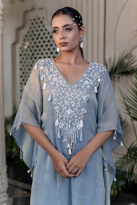 Buy_Farha Syed_Blue Chiffon Tassels, Embroidery V-neck Ice Kaftan 