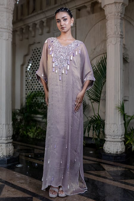 Buy_Farha Syed_Gold Tissue, Taffeta Sequins V-neck Champagne Rose Embroidered Kaftan Set _Online_at_Aza_Fashions