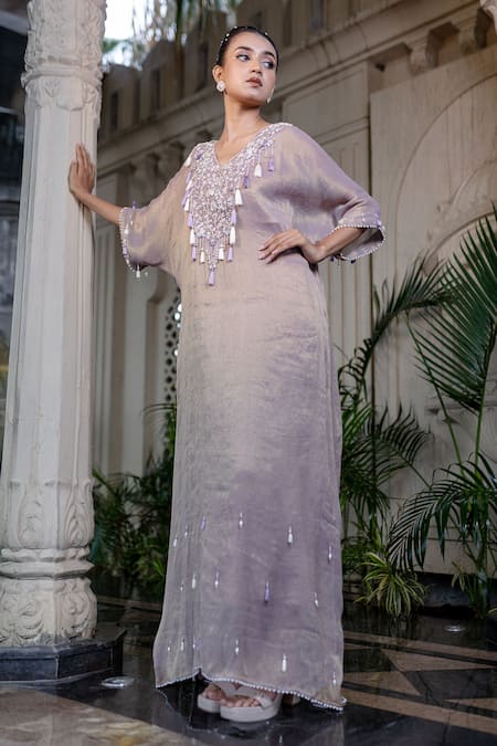 Farha Syed Gold Tissue, Taffeta Sequins V-neck Champagne Rose Embroidered Kaftan Set