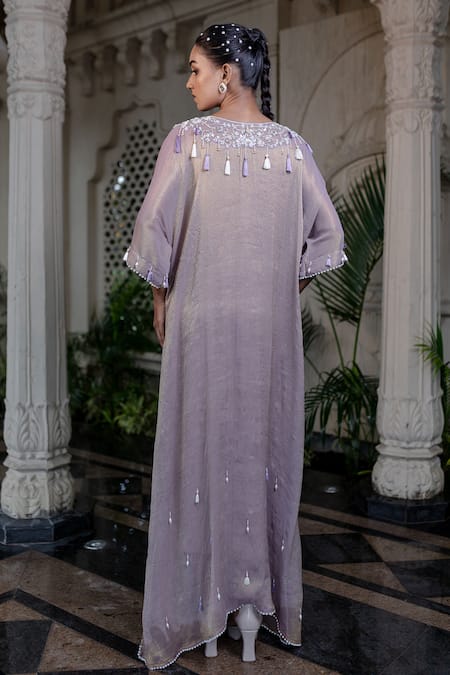 Farha Syed_Gold Tissue, Taffeta Sequins V-neck Champagne Rose Embroidered Kaftan Set _Online_at_Aza_Fashions