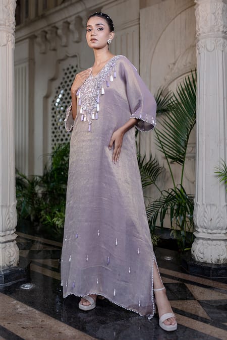 Shop_Farha Syed_Gold Tissue, Taffeta Sequins V-neck Champagne Rose Embroidered Kaftan Set _Online_at_Aza_Fashions