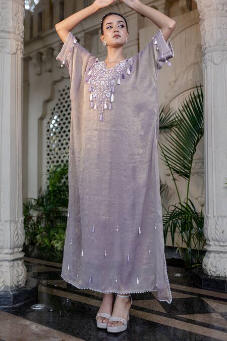 Farha Syed_Gold Tissue, Taffeta Sequins V-neck Champagne Rose Embroidered Kaftan Set _at_Aza_Fashions