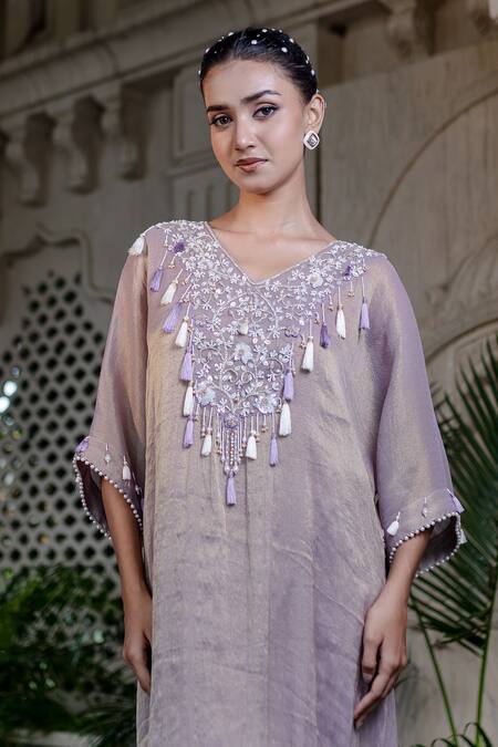 Buy_Farha Syed_Gold Tissue, Taffeta Sequins V-neck Champagne Rose Embroidered Kaftan Set 