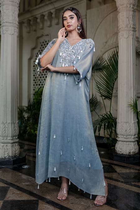 Buy Farha Syed Blue Tissue, Taffeta Sequins, Tassels V-neck Ice Embroidered Kaftan Online at Aza Fashions Buy_Farha Syed_Blue Tissue, Taffeta Sequins, Tassels V-neck Ice Embroidered Kaftan _Online_at_Aza_Fashions