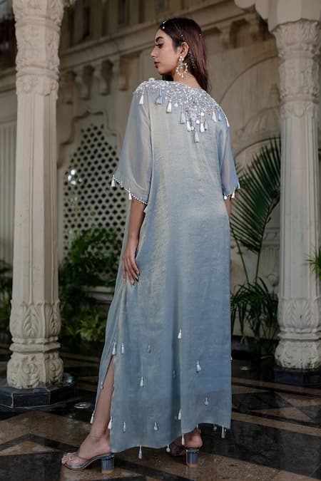 Farha Syed Blue Tissue, Taffeta Sequins, Tassels V-neck Ice Embroidered Kaftan Online at Aza Fashions Farha Syed_Blue Tissue, Taffeta Sequins, Tassels V-neck Ice Embroidered Kaftan _Online_at_Aza_Fashions