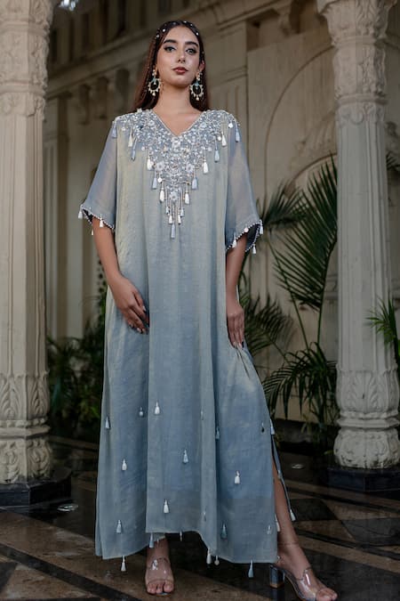 Shop Farha Syed Blue Tissue, Taffeta Sequins, Tassels V-neck Ice Embroidered Kaftan Online at Aza Fashions Shop_Farha Syed_Blue Tissue, Taffeta Sequins, Tassels V-neck Ice Embroidered Kaftan _Online_at_Aza_Fashions