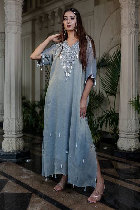 Farha Syed Blue Tissue, Taffeta Sequins, Tassels V-neck Ice Embroidered Kaftan at Aza Fashions Farha Syed_Blue Tissue, Taffeta Sequins, Tassels V-neck Ice Embroidered Kaftan _at_Aza_Fashions