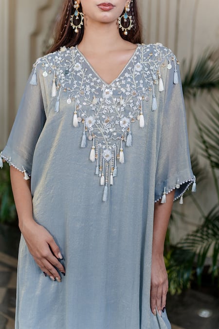 Buy Farha Syed Blue Tissue, Taffeta Sequins, Tassels V-neck Ice Embroidered Kaftan Buy_Farha Syed_Blue Tissue, Taffeta Sequins, Tassels V-neck Ice Embroidered Kaftan