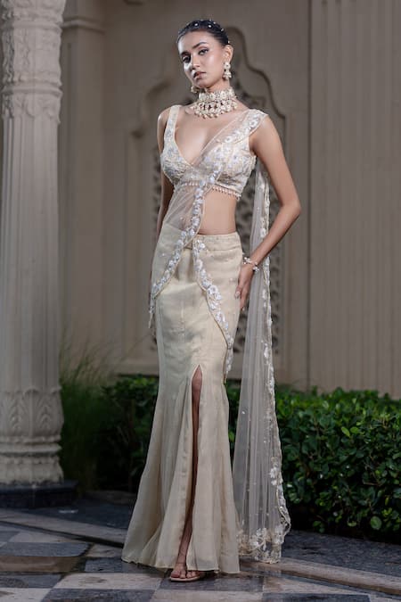 Shop_Farha Syed_Ivory Chiffon, Tulle, Tissue, Chanderi Beige Pre-draped Skirt Saree With Blouse _Online_at_Aza_Fashions