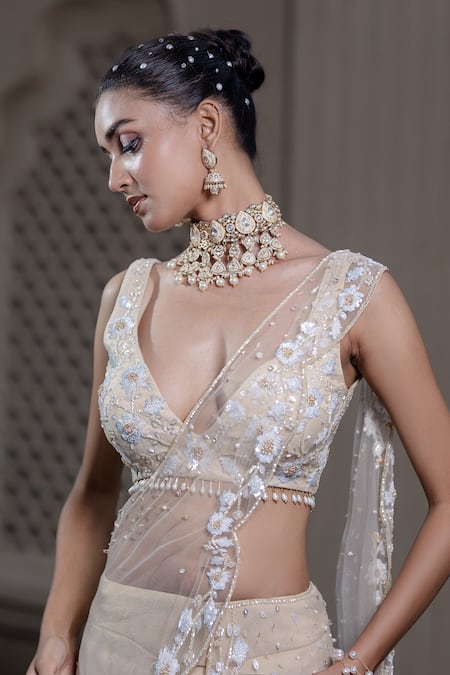 Buy_Farha Syed_Ivory Chiffon, Tulle, Tissue, Chanderi Beige Pre-draped Skirt Saree With Blouse 